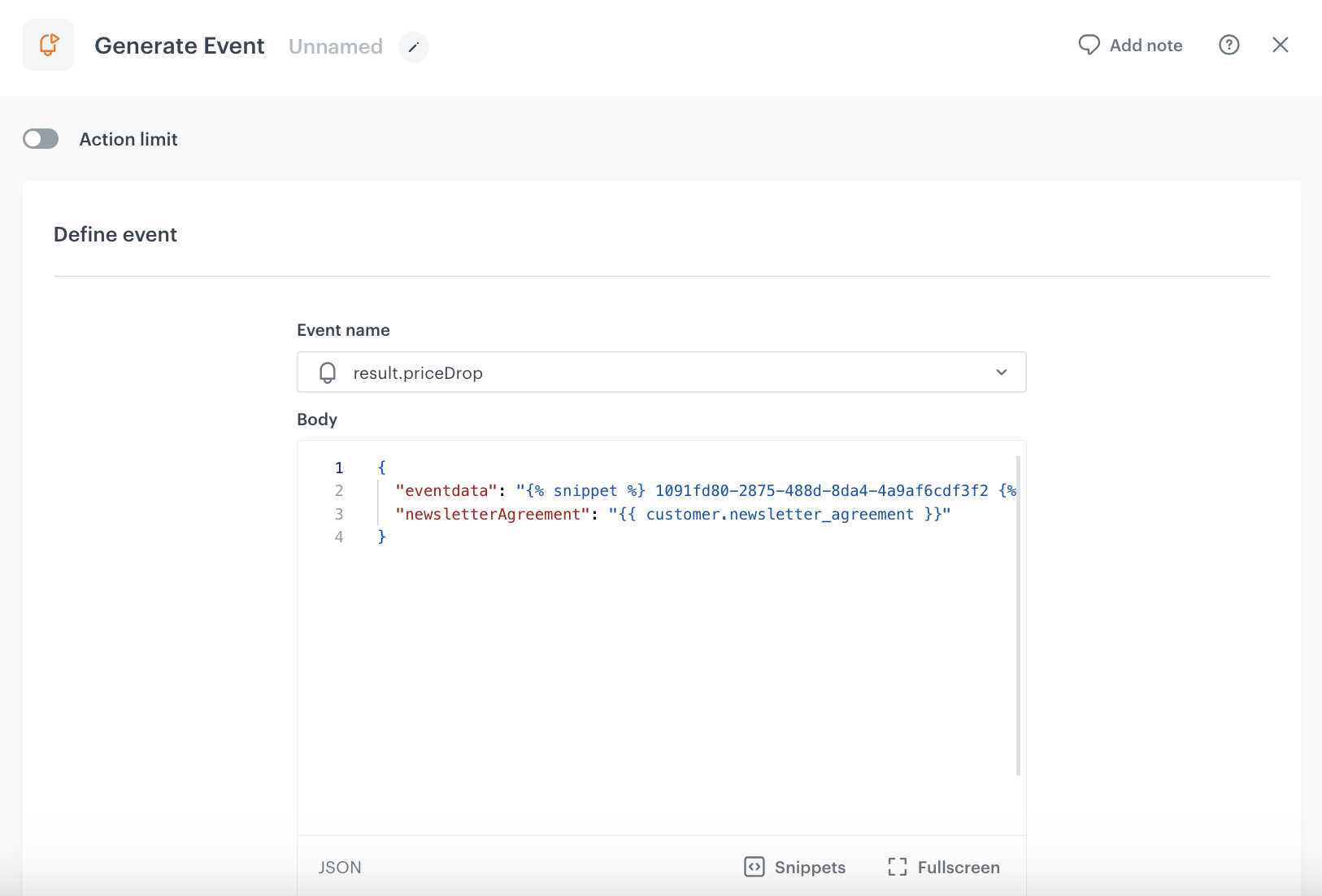 Configuration of the Generate Event node