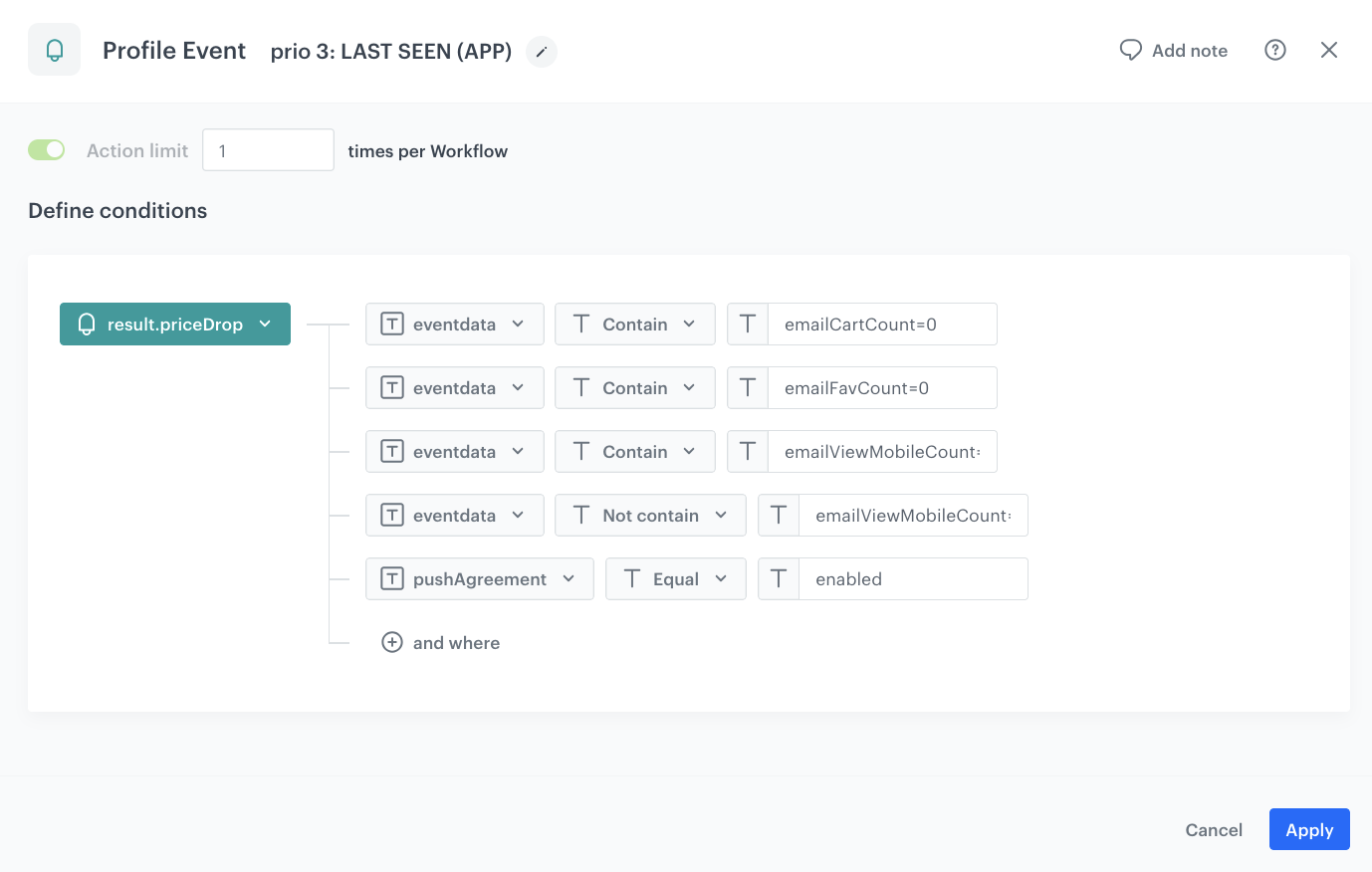 Configuration of the Profile Event node for mobile app viewed path