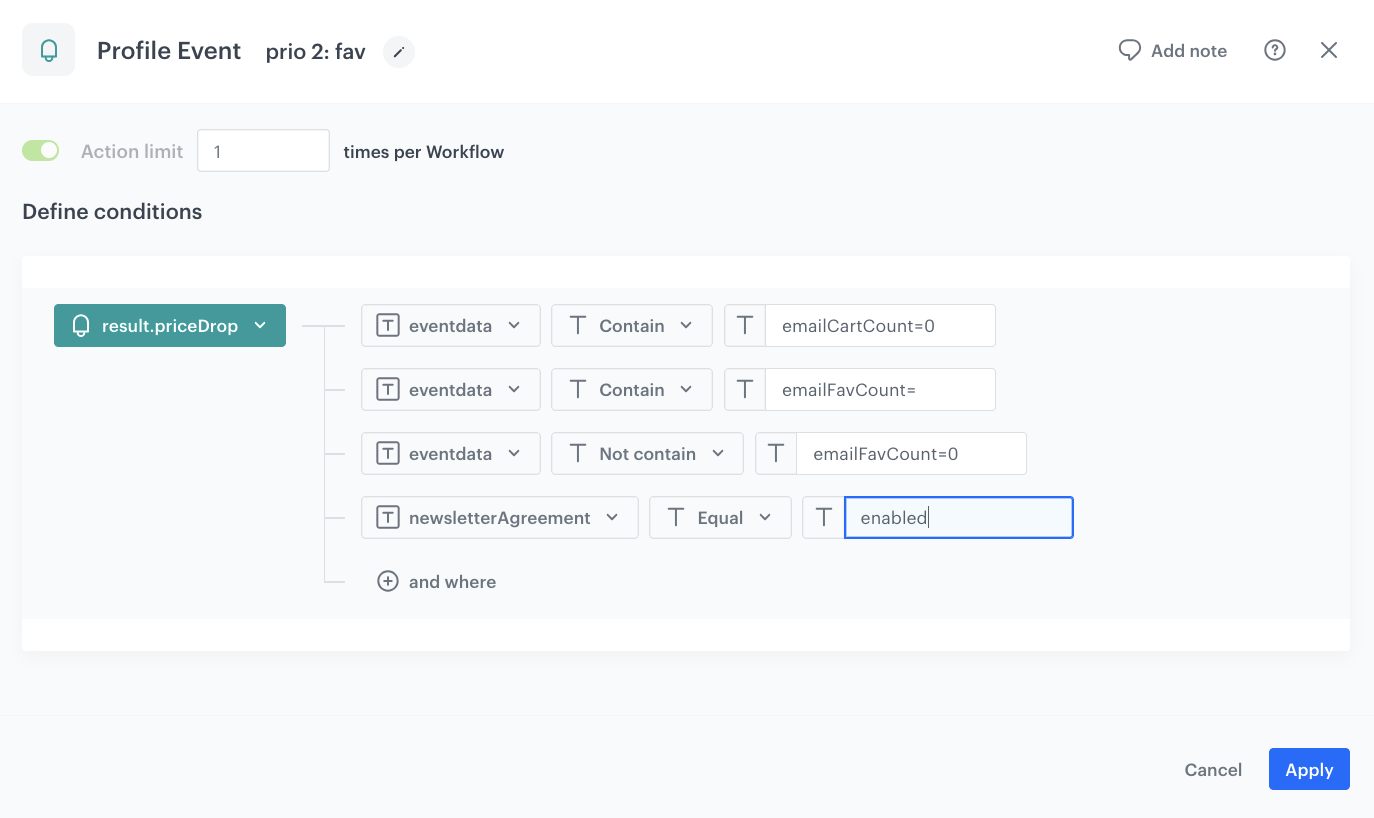 Configuration of the Profile Event node for favorites path