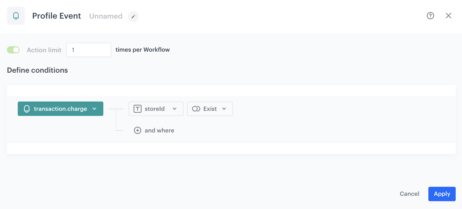 Automation Hub Profile Event node configured with transaction.charge event filtered by storeId existence