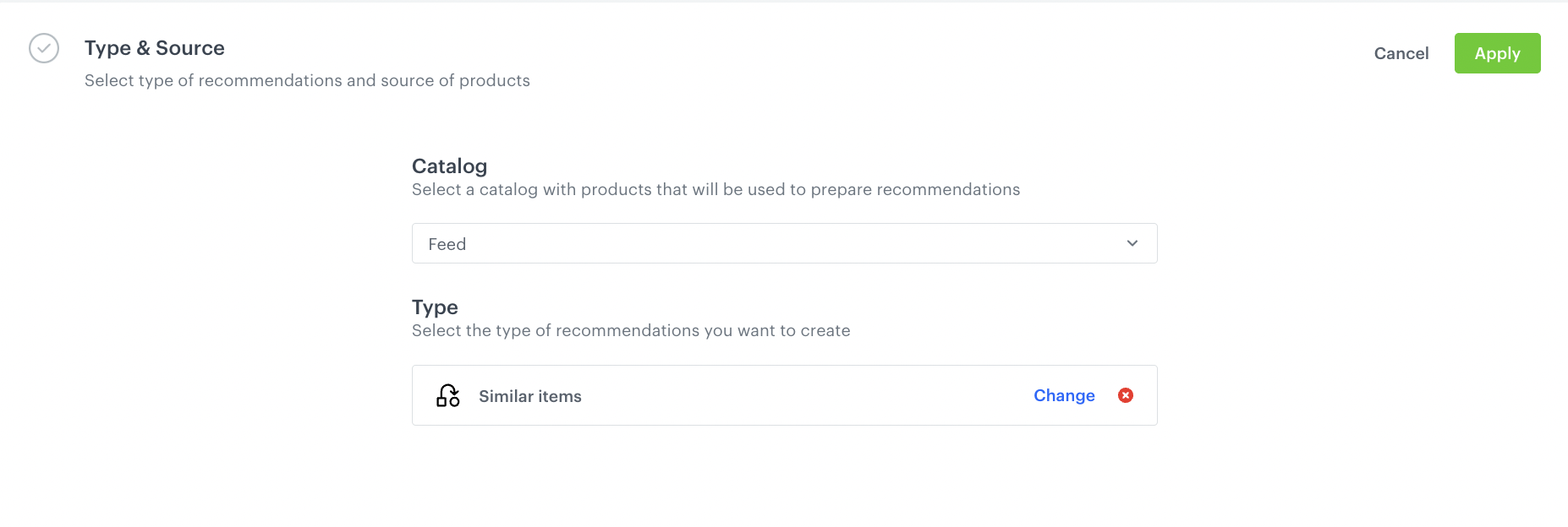 AI Hub recommendation model Type and Items feed section with Similar items recommendation type selected