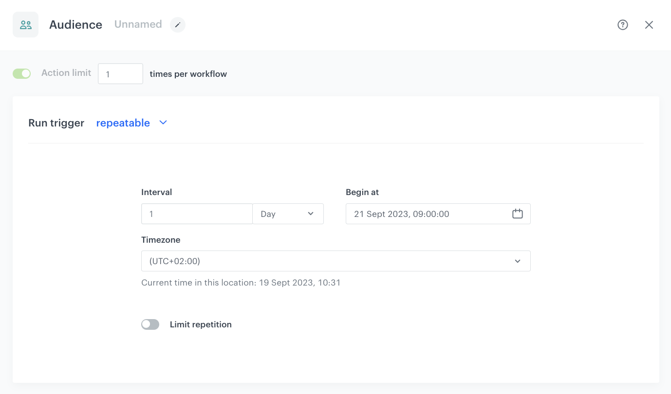 Automation Hub Audience node configuration with repeatable daily trigger for dynamic report workflow
