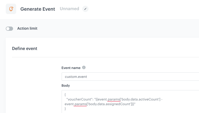 The configuration of the Generate Event node