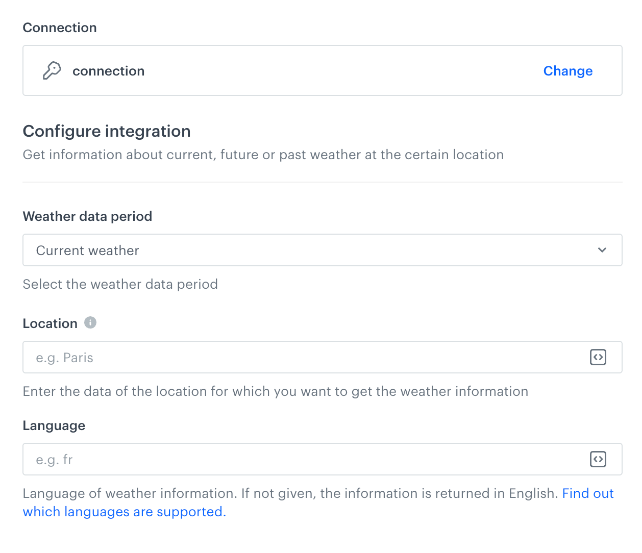 A blank configuration form in the Get Weather Information node