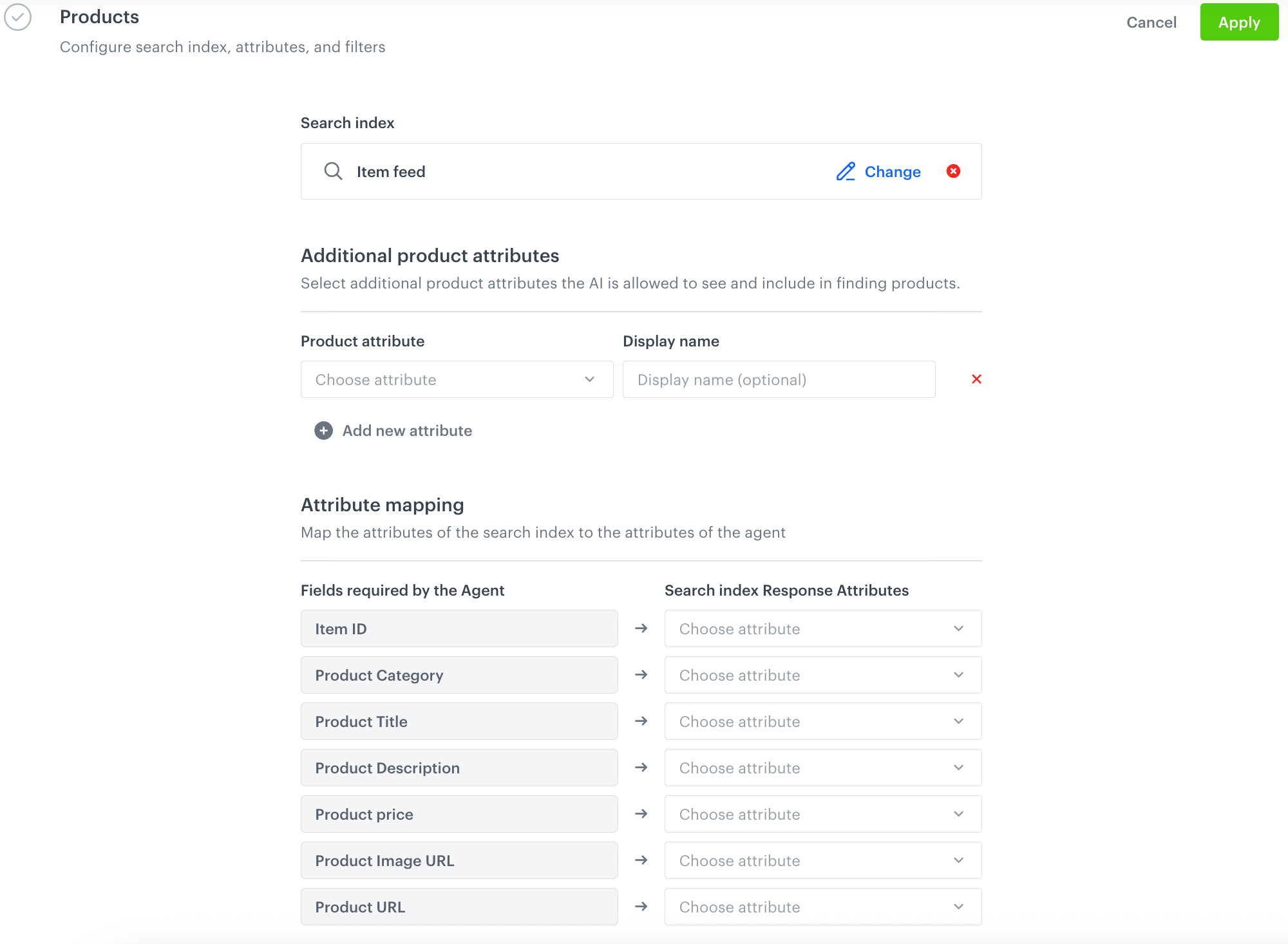 The Products section with a selected search index, additional product attributes, and attribute mapping
