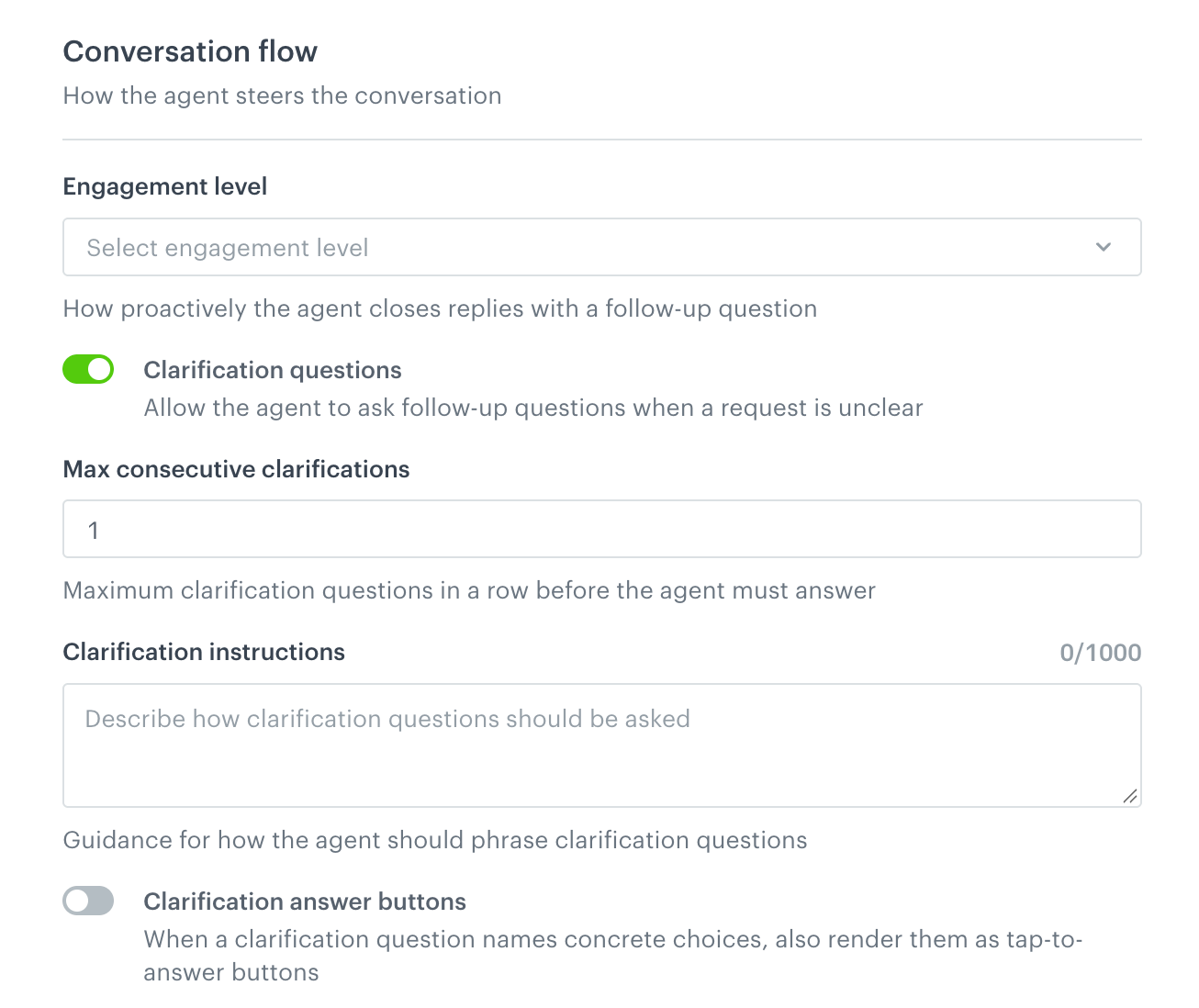 The Conversation flow settings with Engagement level, Clarification questions, Max consecutive clarifications, Clarification instructions, and Clarification answer buttons