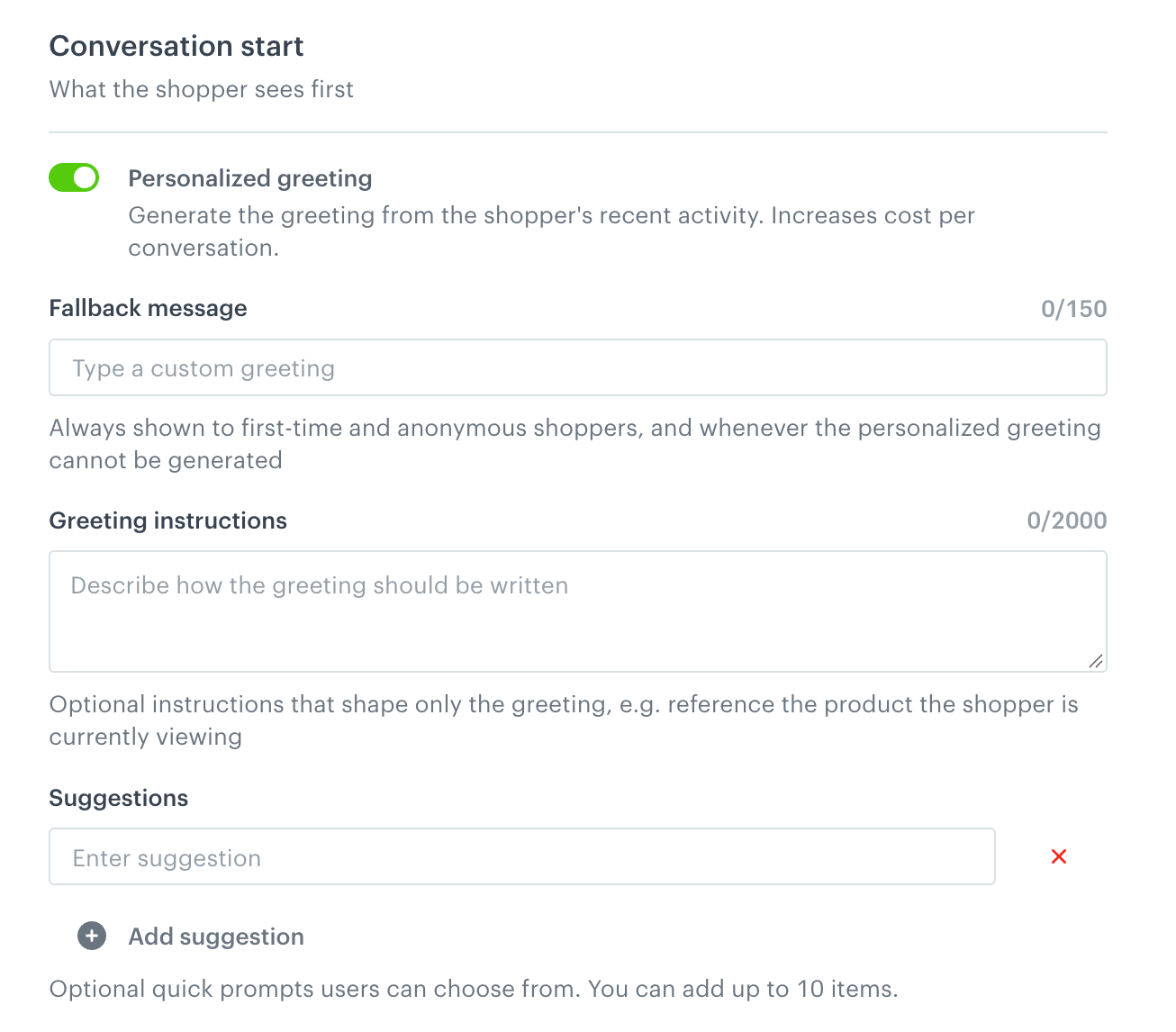 The Conversation start settings with Personalized greeting turned on, Fallback message, Greeting instructions, and Suggestions