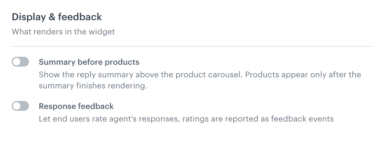 The Display and feedback settings with Summary before products and Response feedback