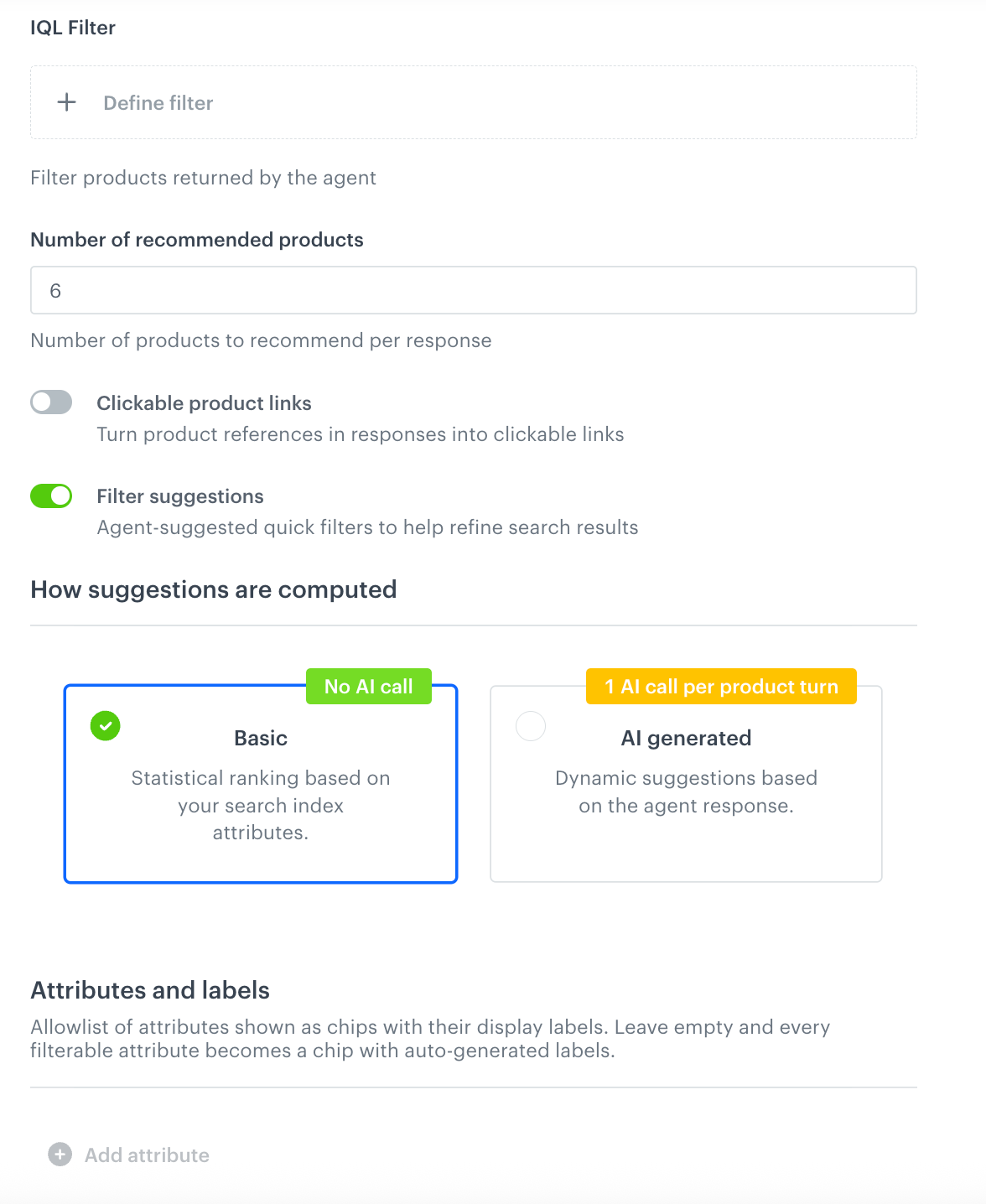 Filter suggestions turned on, with the Basic and AI generated options under How suggestions are computed, and the Attributes and labels list
