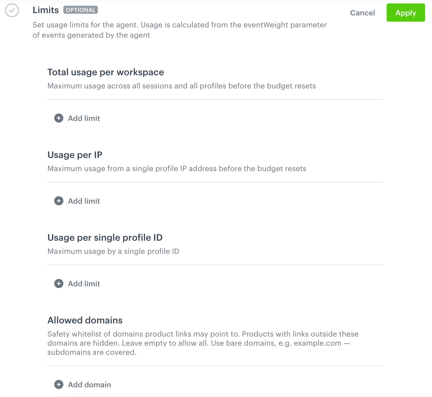 The Limits section with usage limits per workspace, per IP address, and per profile, and the list of allowed domains