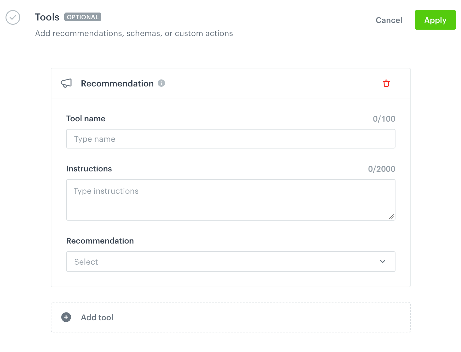 A Recommendation tool card with Tool name, Instructions, and Recommendation fields