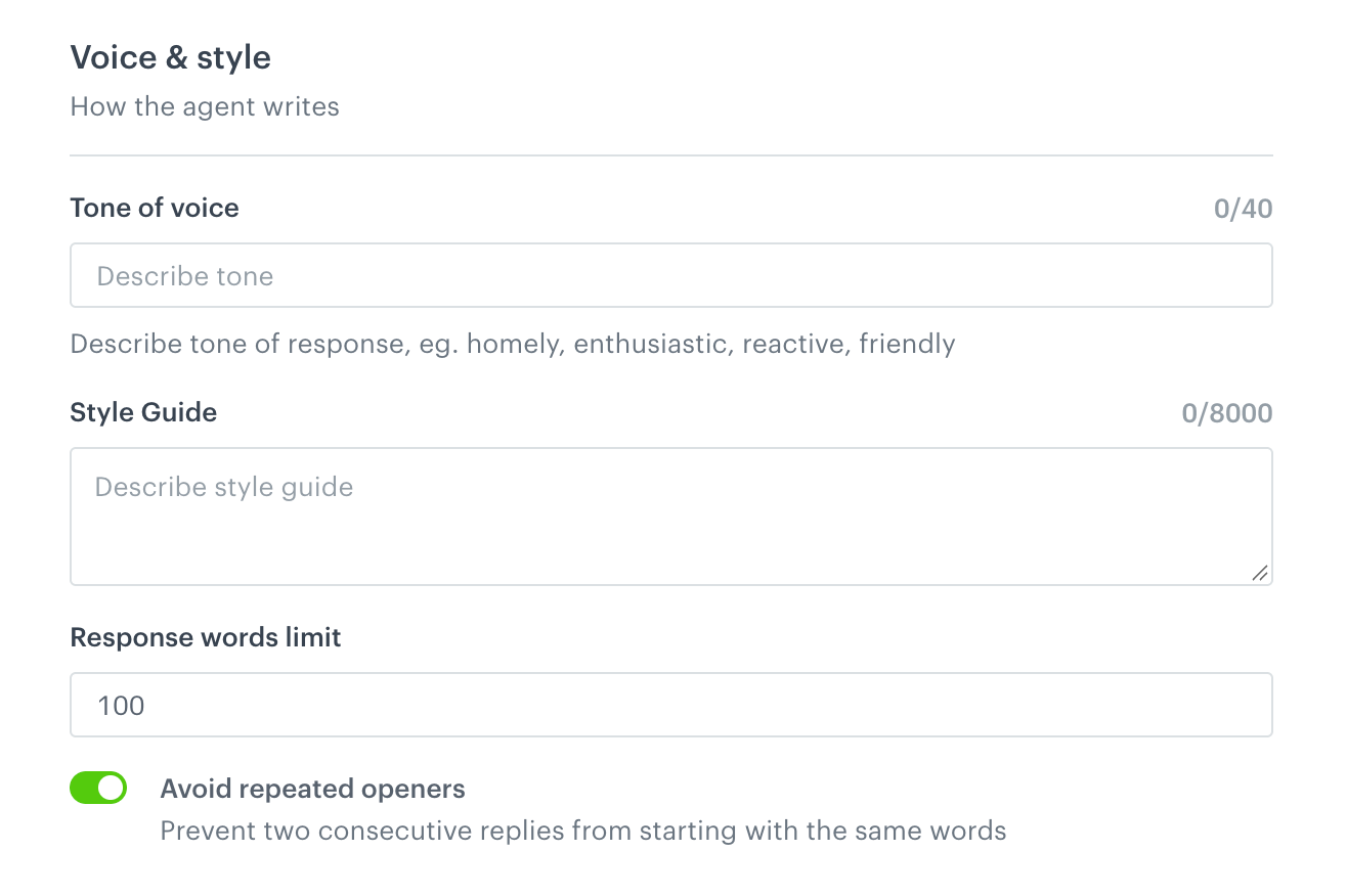 The Voice and style settings with Tone of voice, Style Guide, Response words limit, and Avoid repeated openers