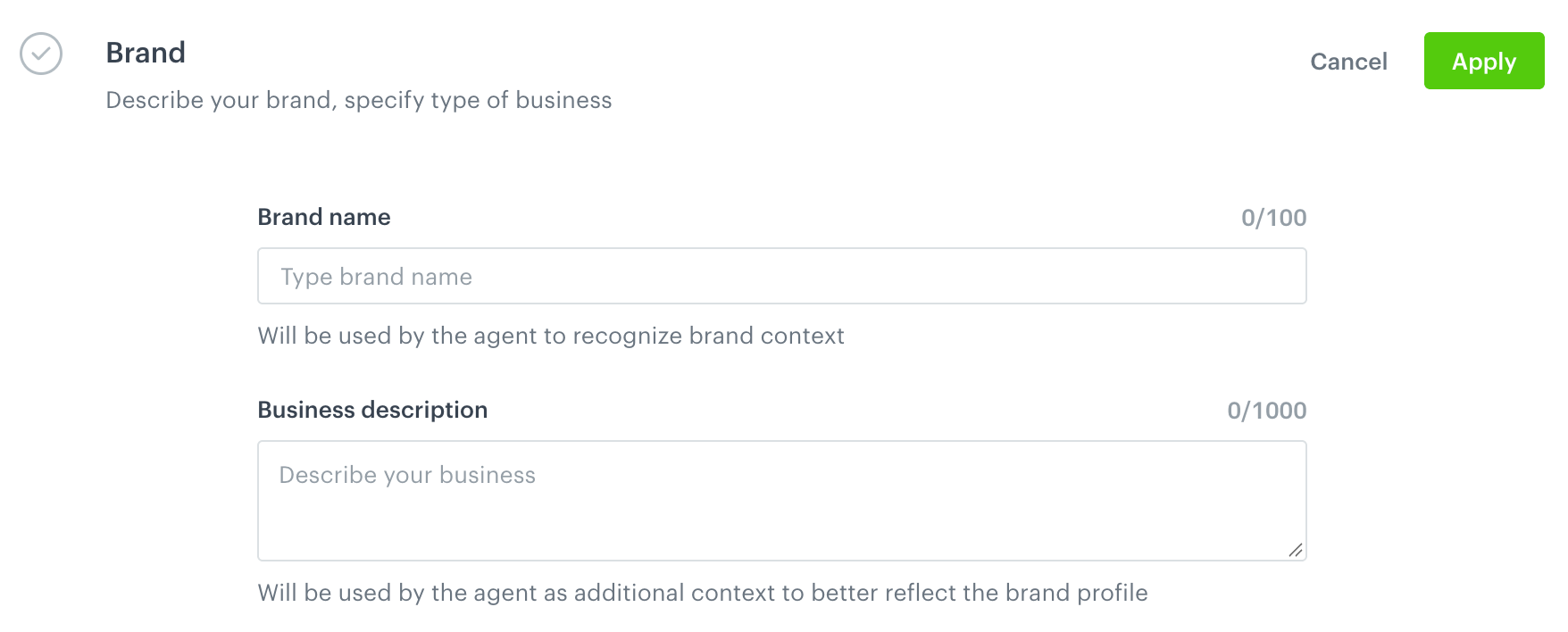 The Brand section with Brand name and Business description fields