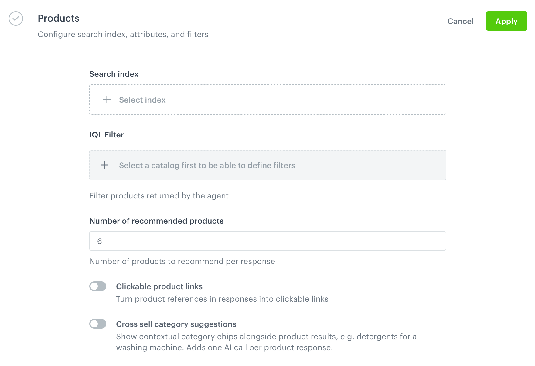 The Products section before selecting a search index, with Search index, IQL Filter, Number of recommended products, Clickable product links, and Cross sell category suggestions