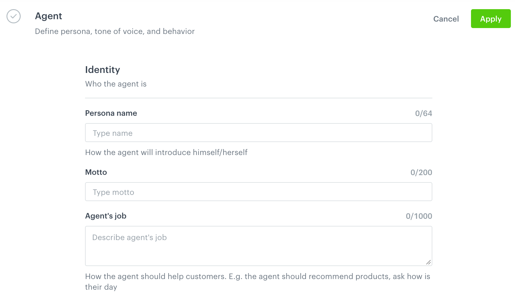 The Identity part of the section with Persona name, Motto, and Agent's job fields
