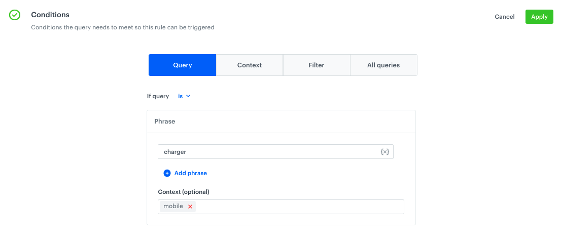 Example of query conditions
