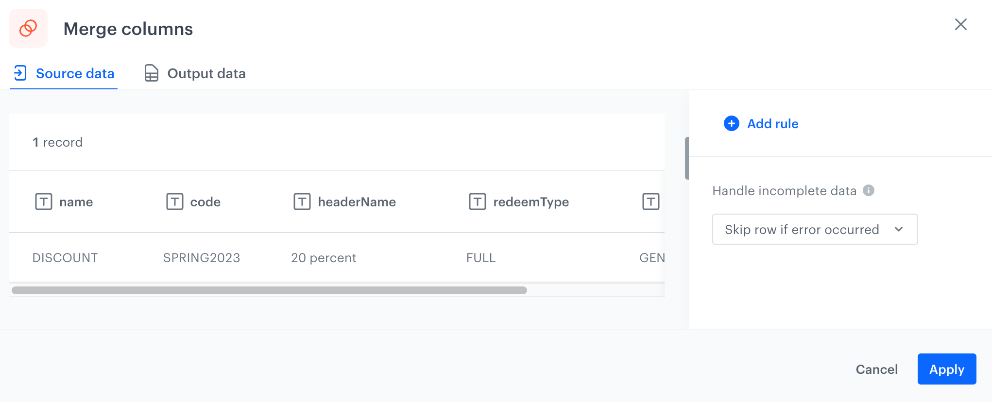 "Merge columns" node — Synerise Documentation