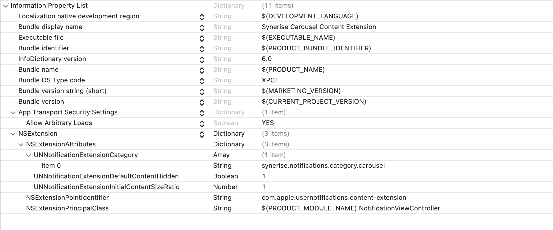 Sample *.plist configuration in Carousel Notification Content Extension