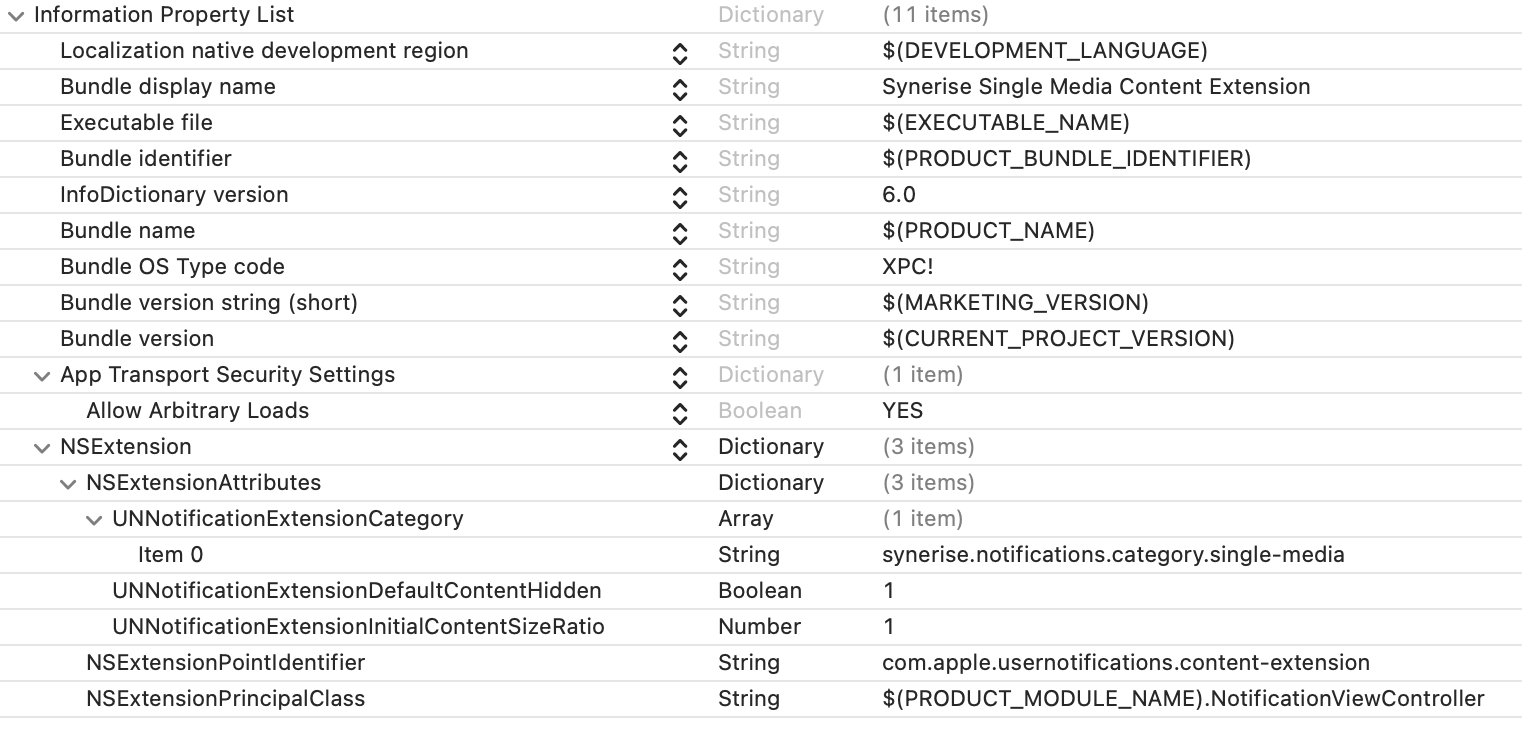 Sample *.plist configuration in Single Image Notification Content Extension