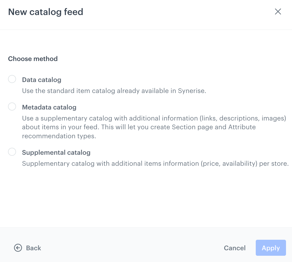 A pop-up with selection of the item feed type