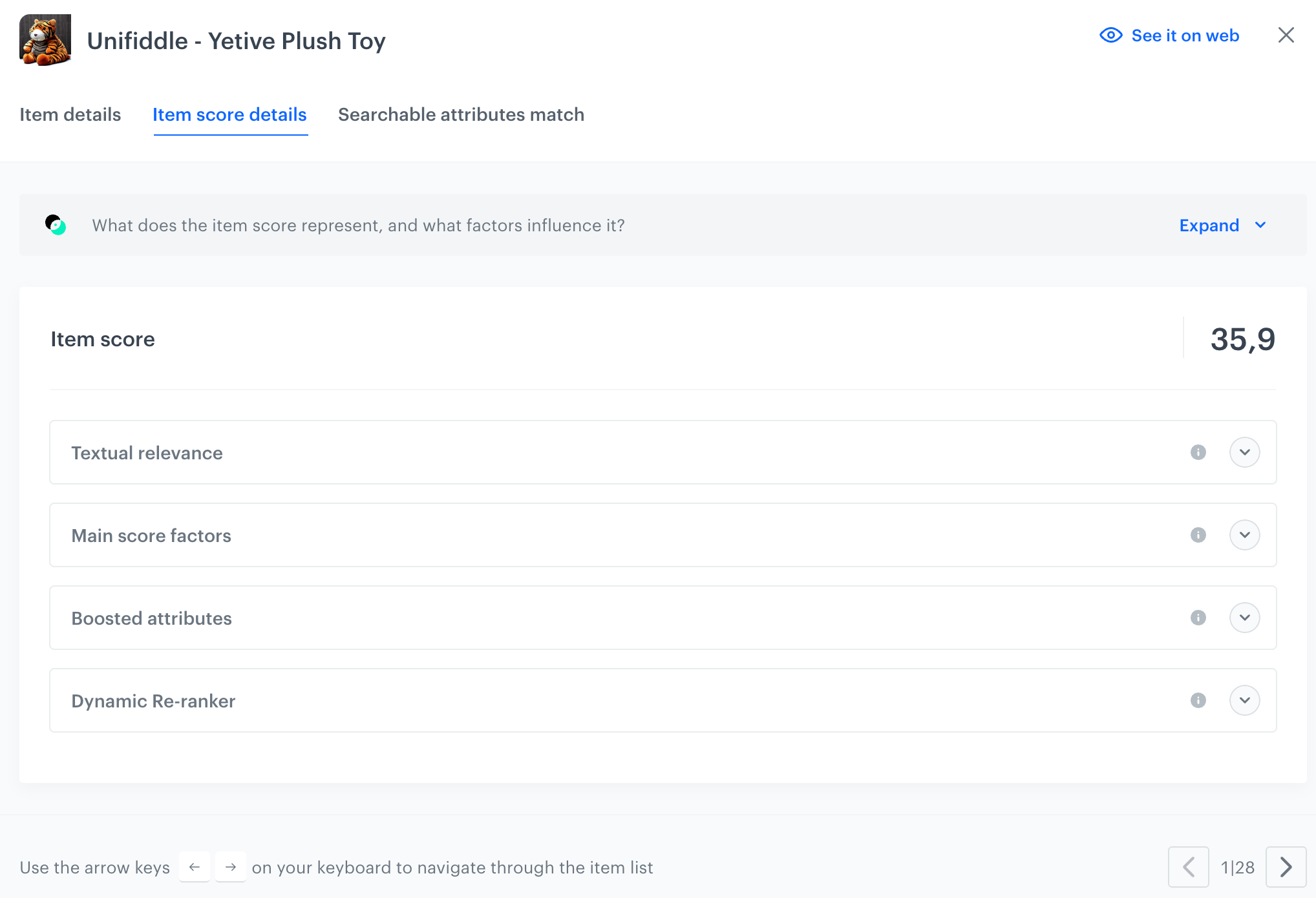 A preview of item score details returned in search results