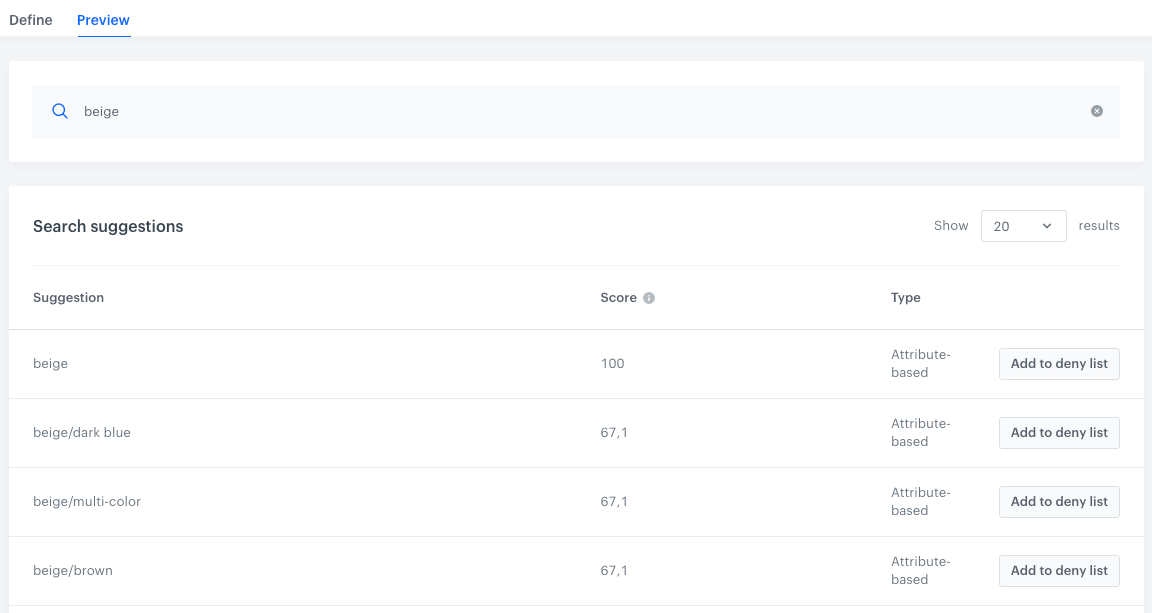 Preview of suggestions for a searched phrase
