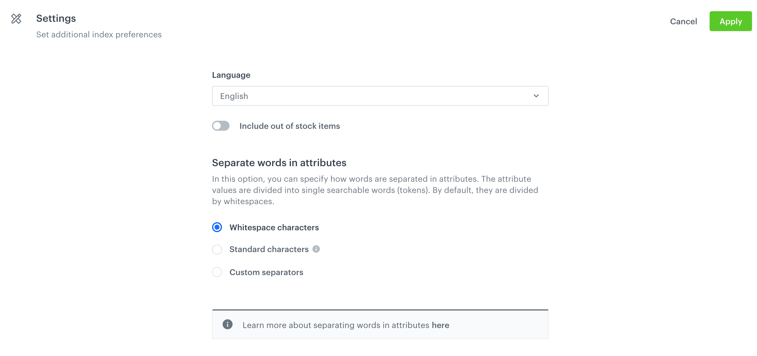 The configuration of settings in AI Search