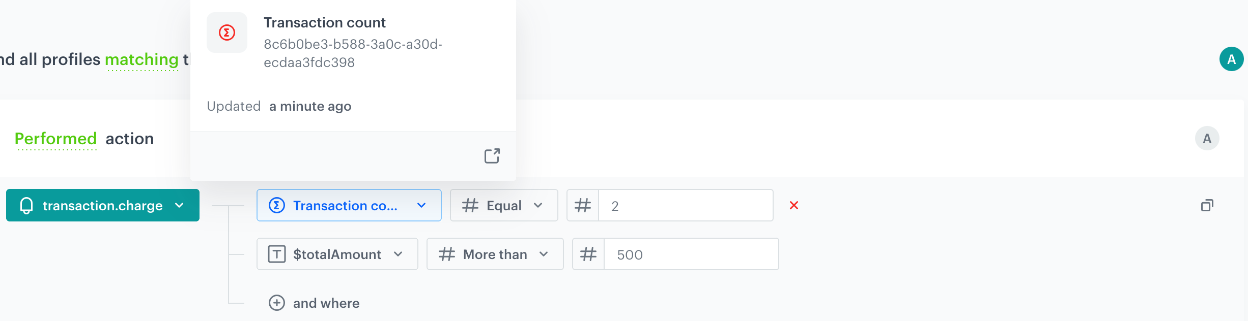 The configuration of a one-step funnel that filters in customers whose value of the second transaction exceeds $500