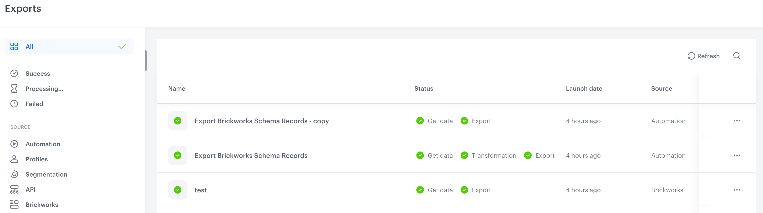 List of exports from Data Modeling > Exports