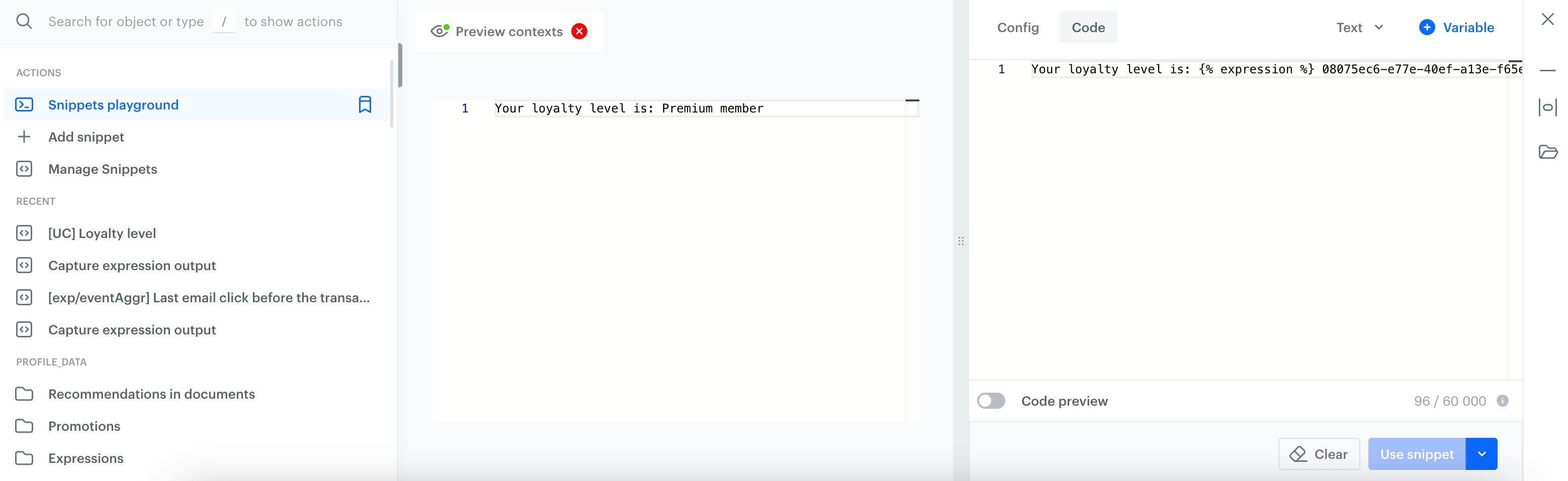 Preview of a snippet that contains a reference to an expression