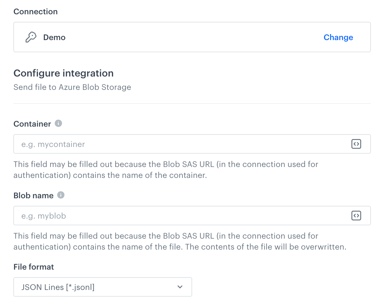 A blank configuration form for Send File (Azure)