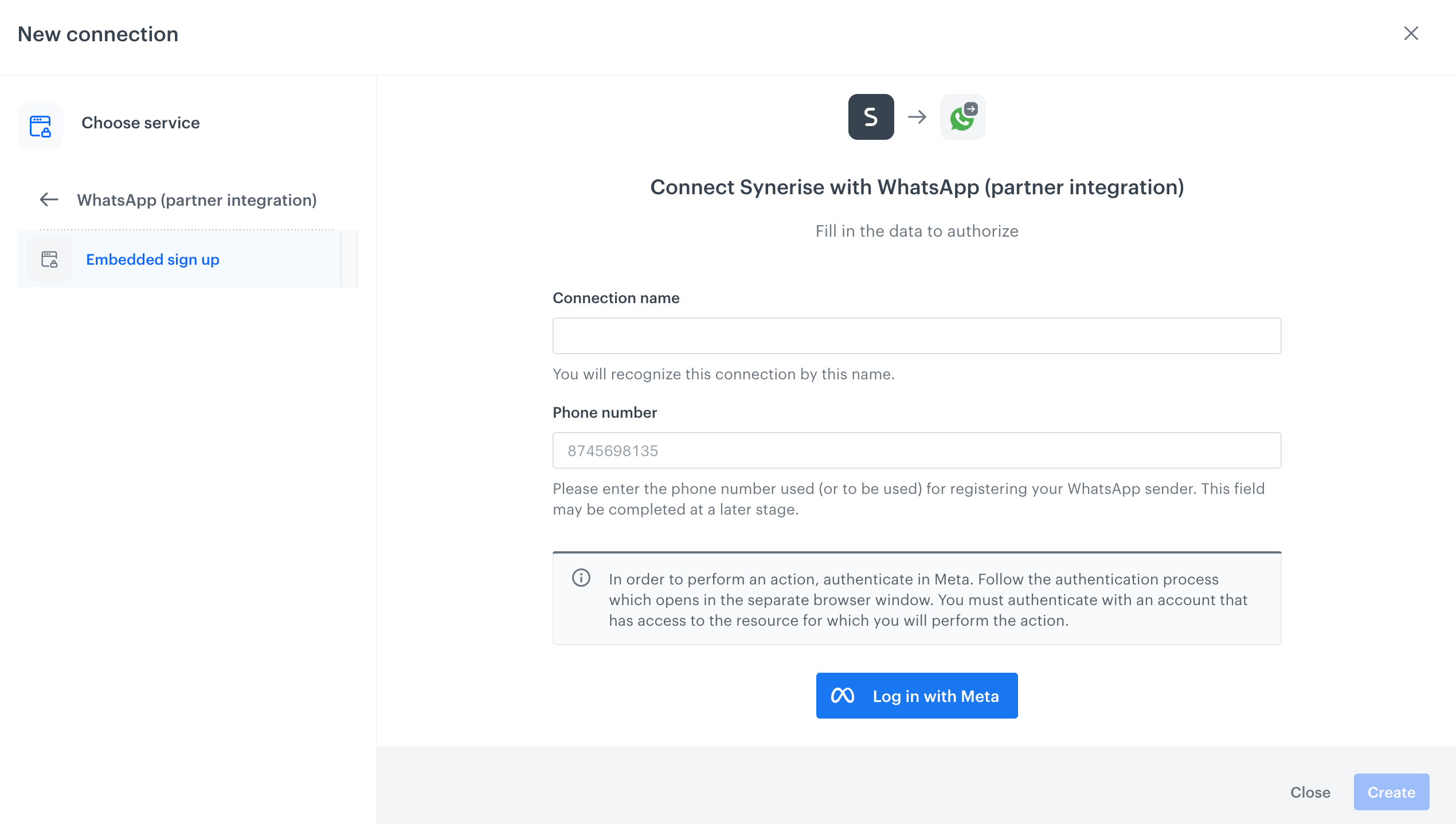 A blank configuration form for setting up a connection with WhatsApp through partner