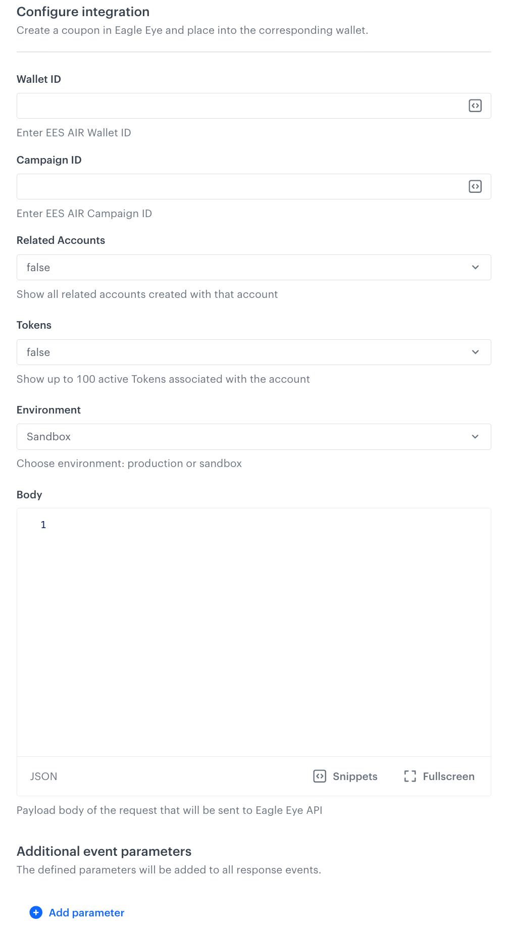 The empty configuration form of the Create Coupon node