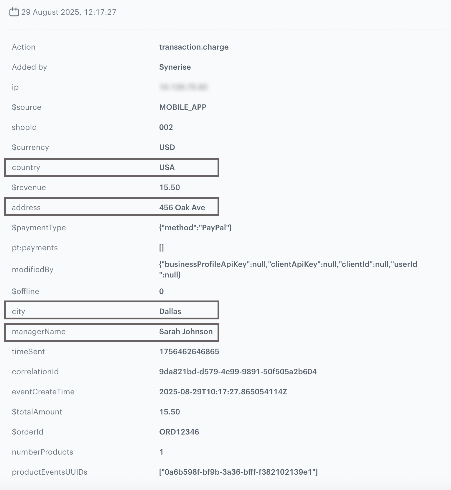 A preview of the transaction.charge event with enriched data