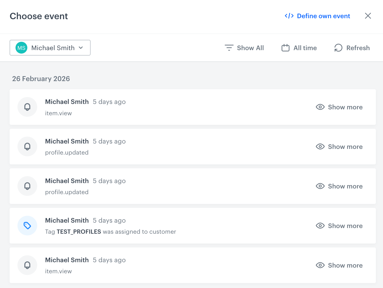 A stream of events of a test profile
