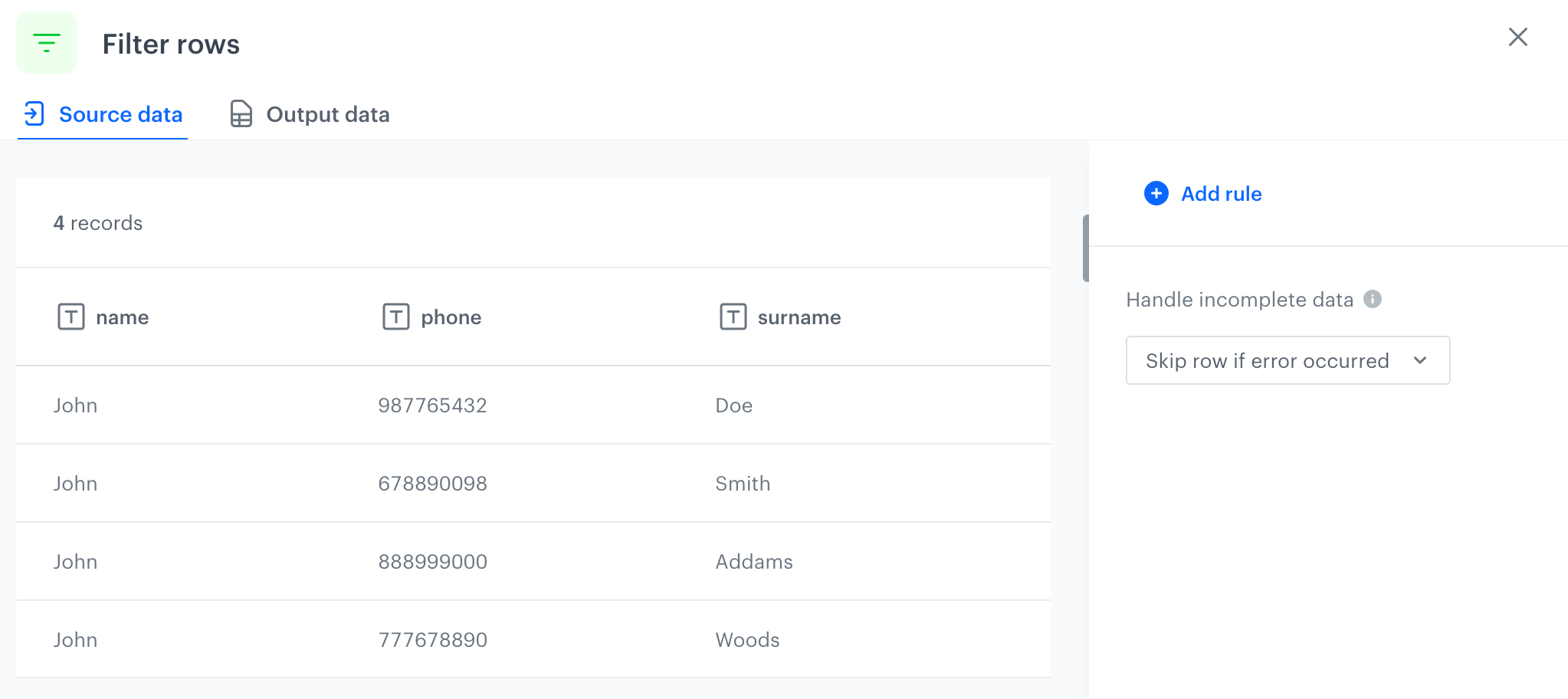 Filter rows operation on an example file