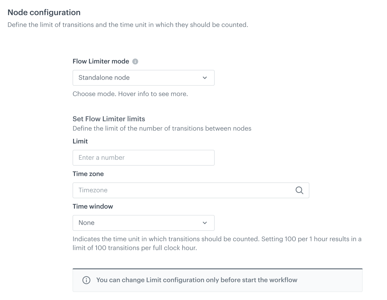 The blank configuration form of the Flow Limiter node