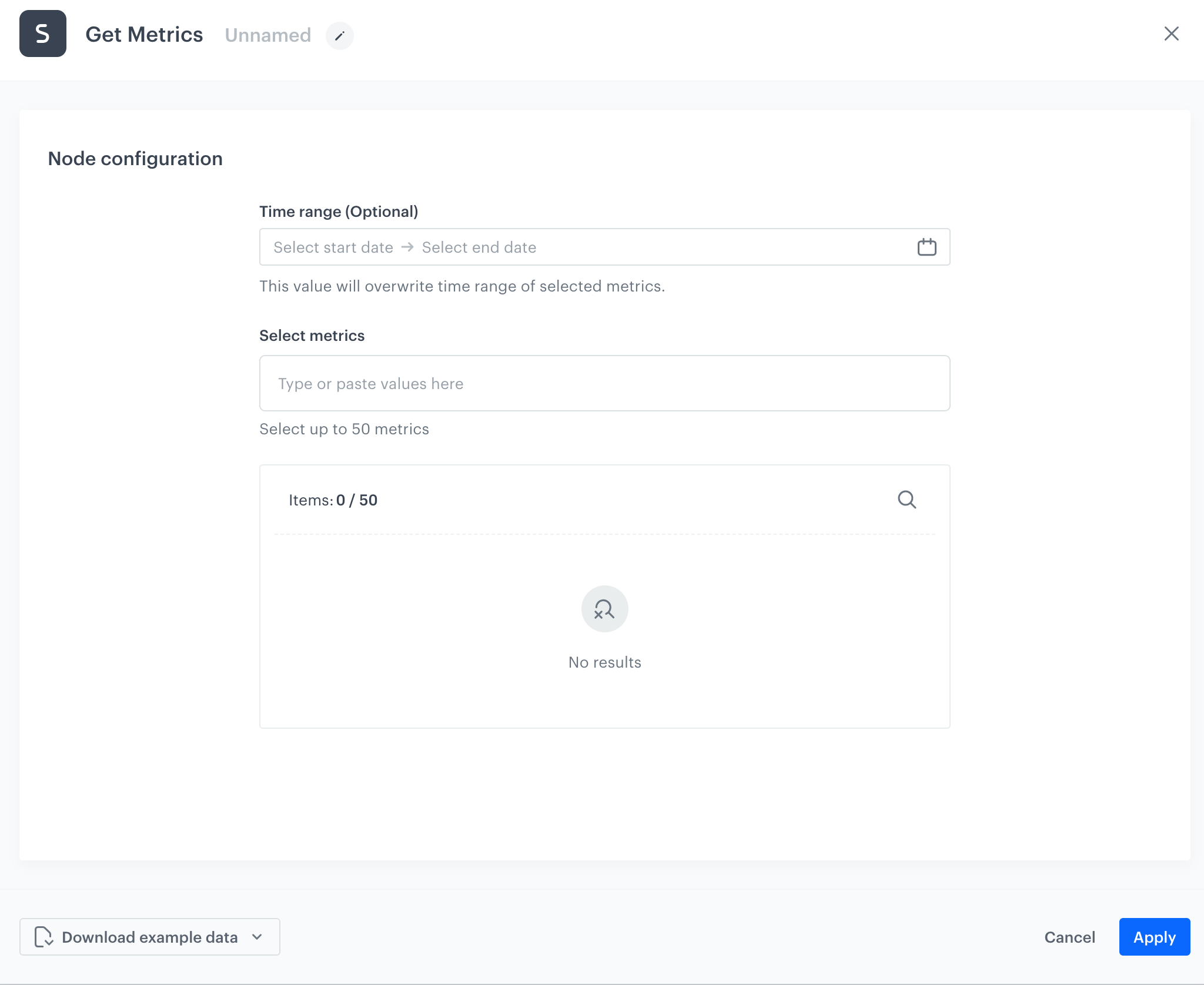 The configuration form of the Get Metrics node