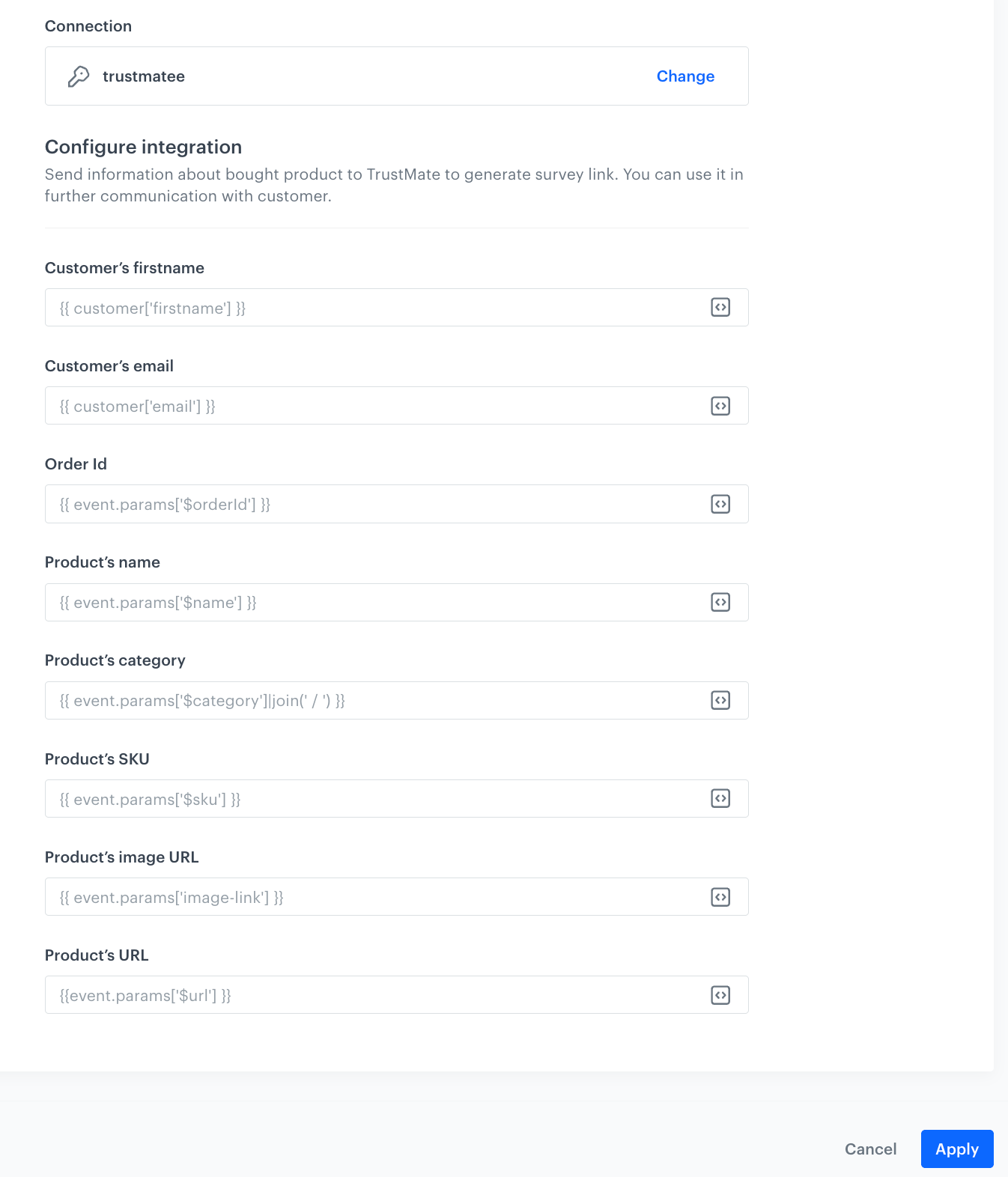 A blank configuration form in the Get Survey Link node
