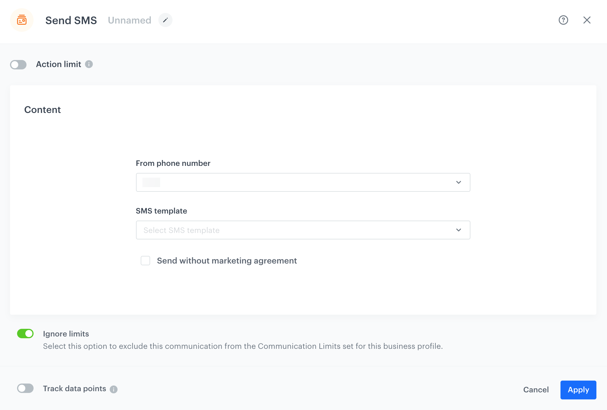 Ignore limits option in Send SMS node