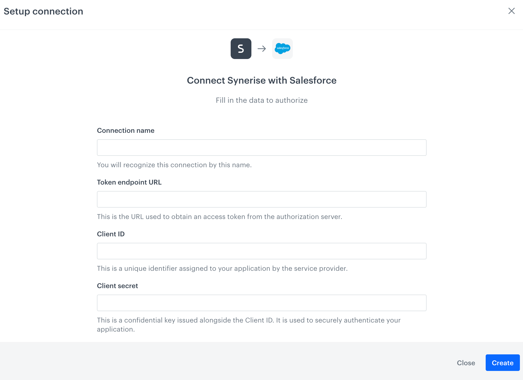 A blank configuration form for establishing connection between Synerise and Salesforce