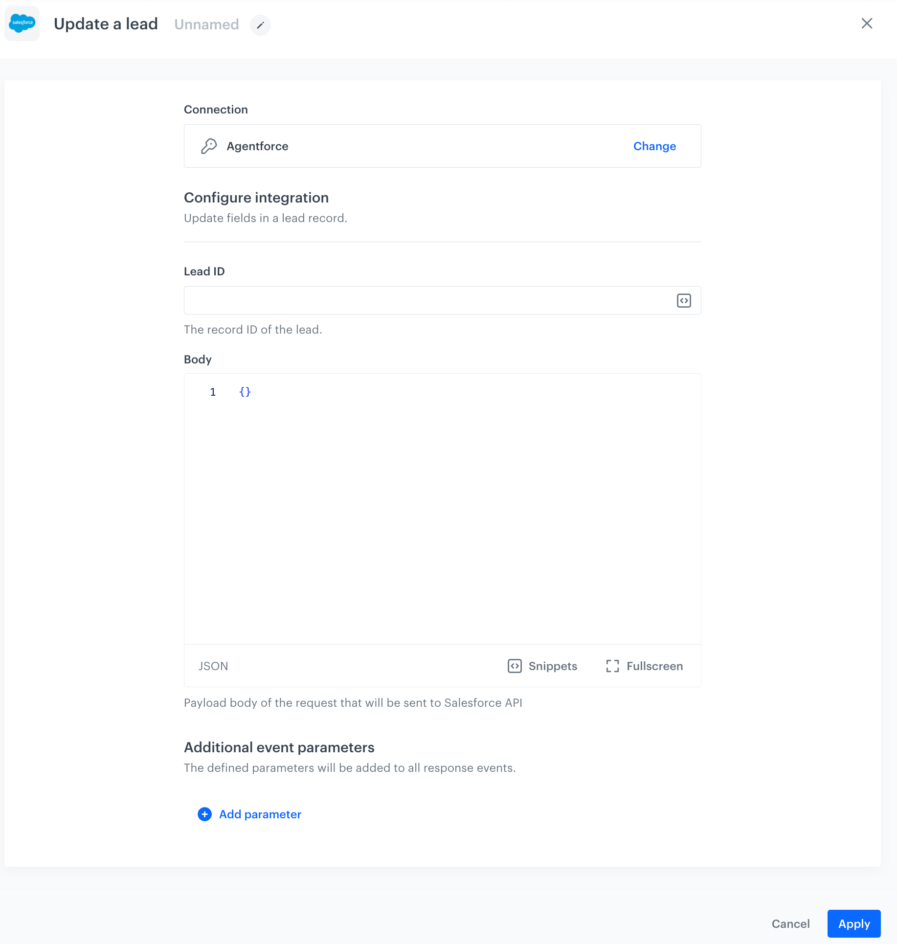 A blank configuration form of the Update a Lead node