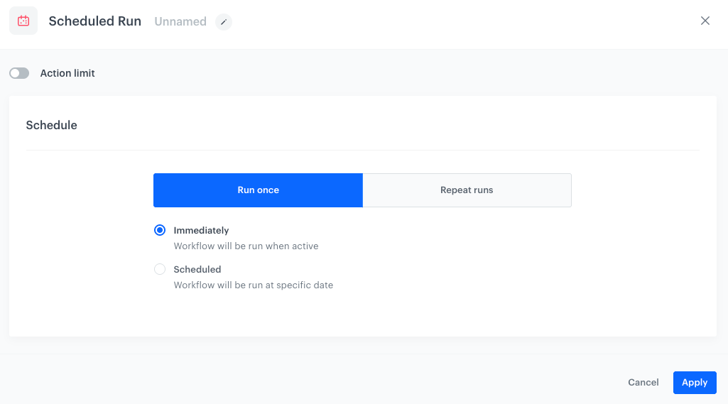 The Run once option selected