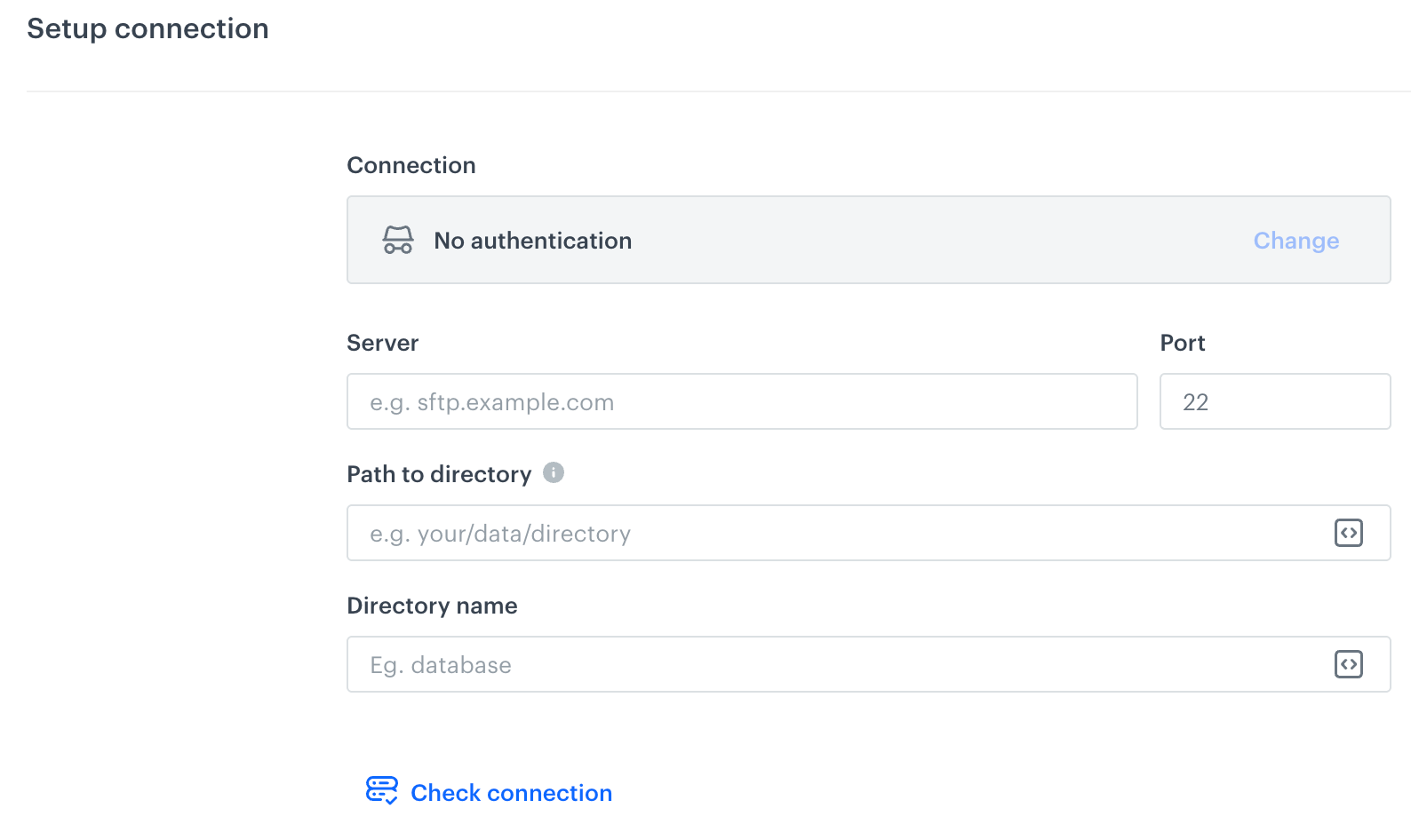 A blank form for the SFTP Create directory node