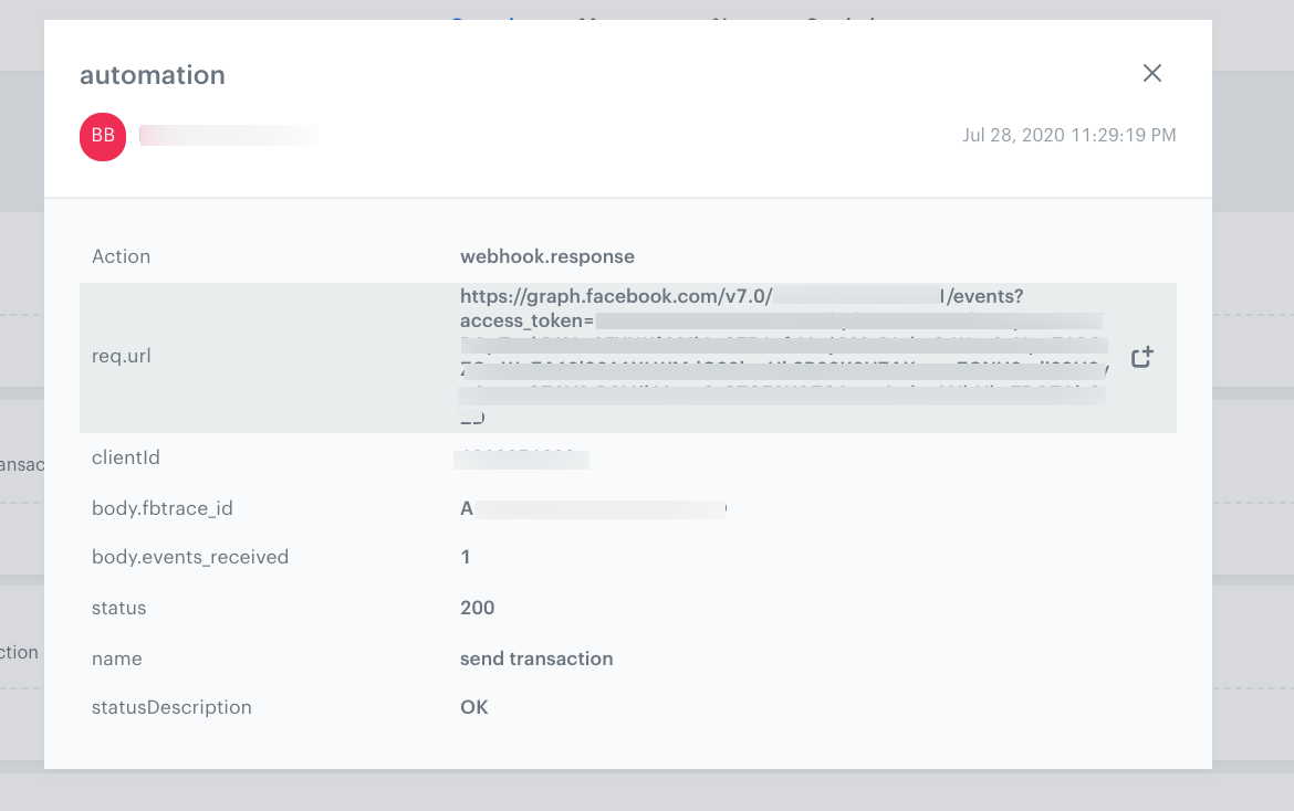 A webhook response with 200 status on a profile of a test customer