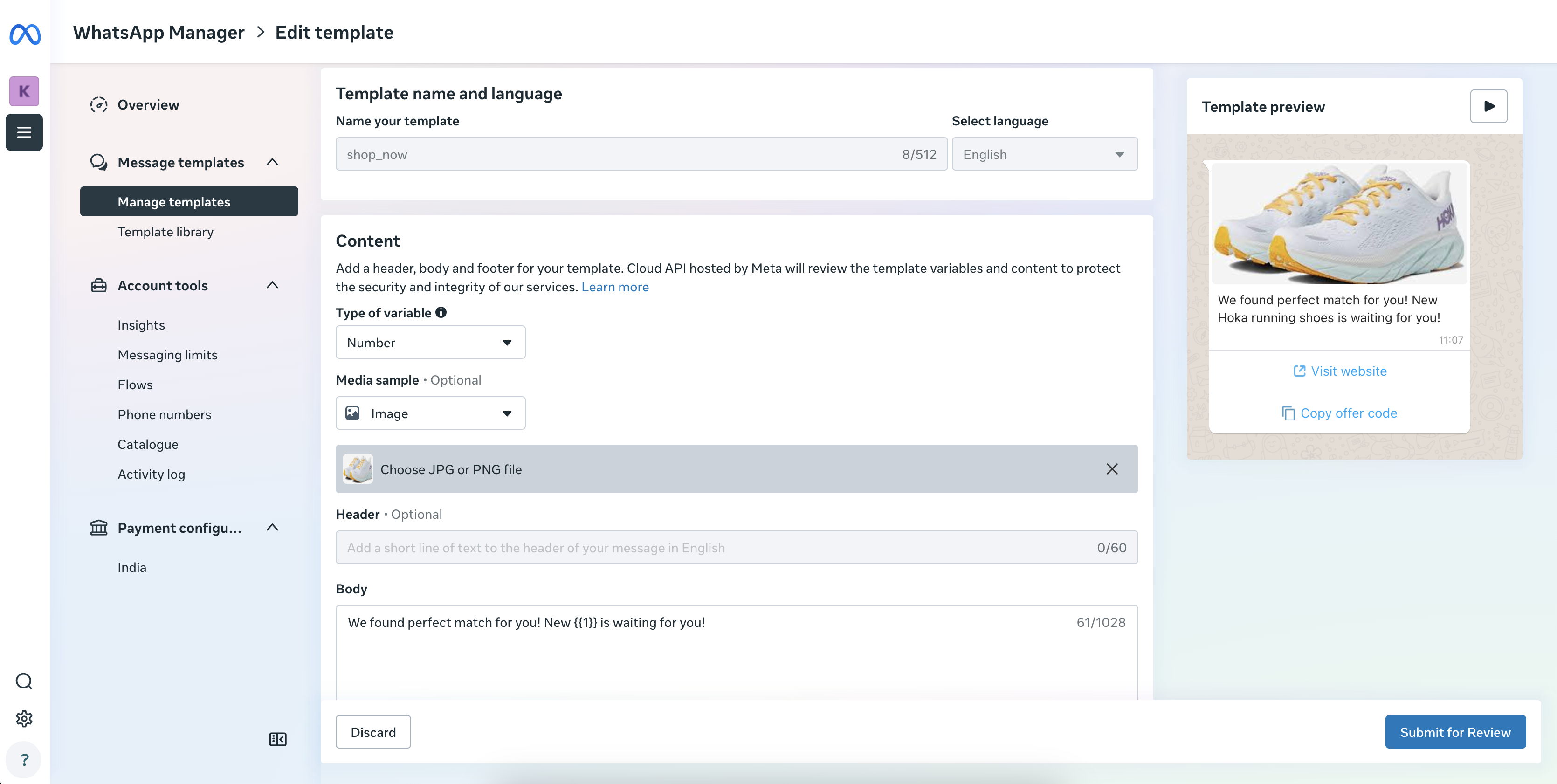 Creating a template in the Meta portal with numbered variable placeholders