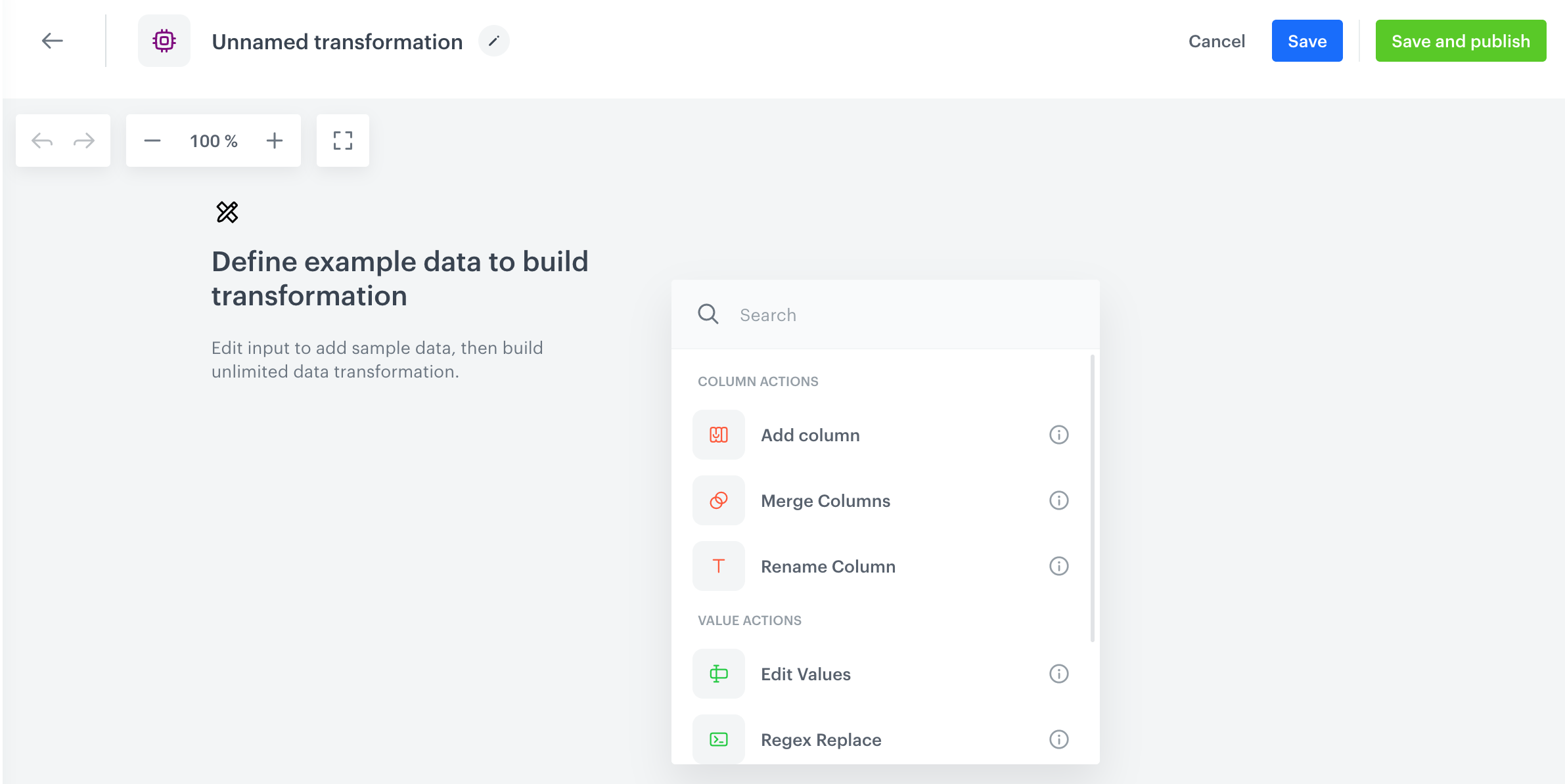 A blank data transformation dashboard