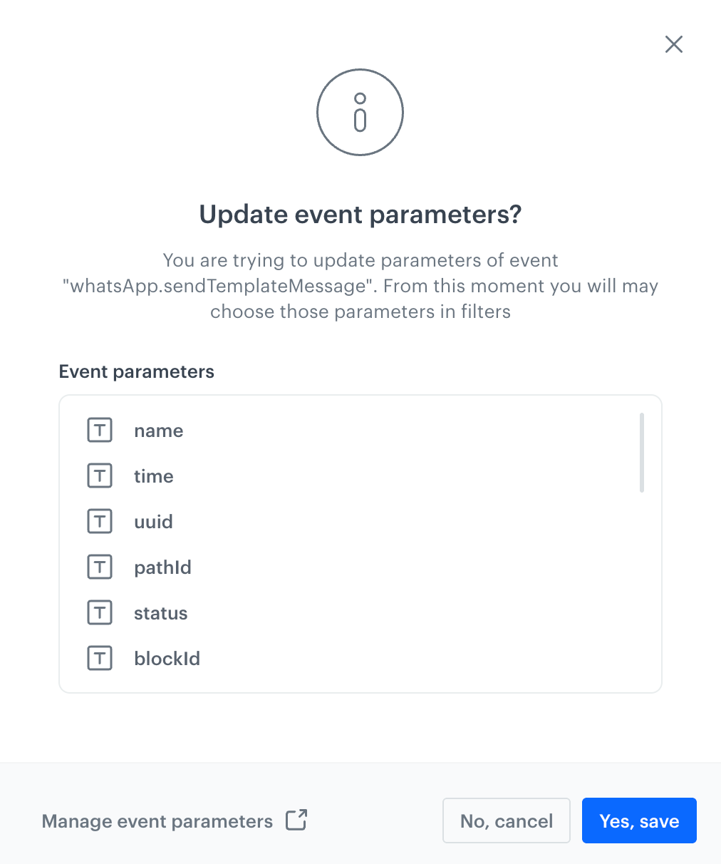 A pop-up with a summary of updated parameters in a response event