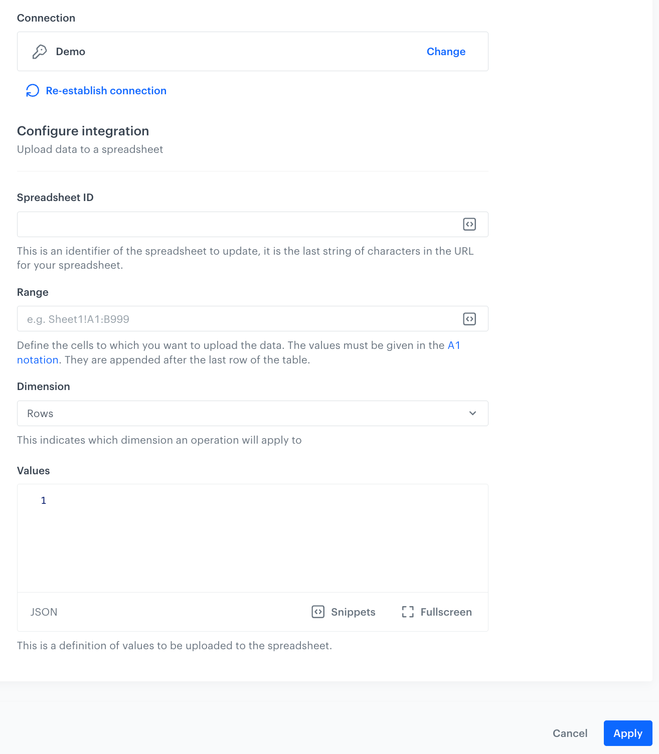 A blank configuration form in Upload Data to Spreadsheets