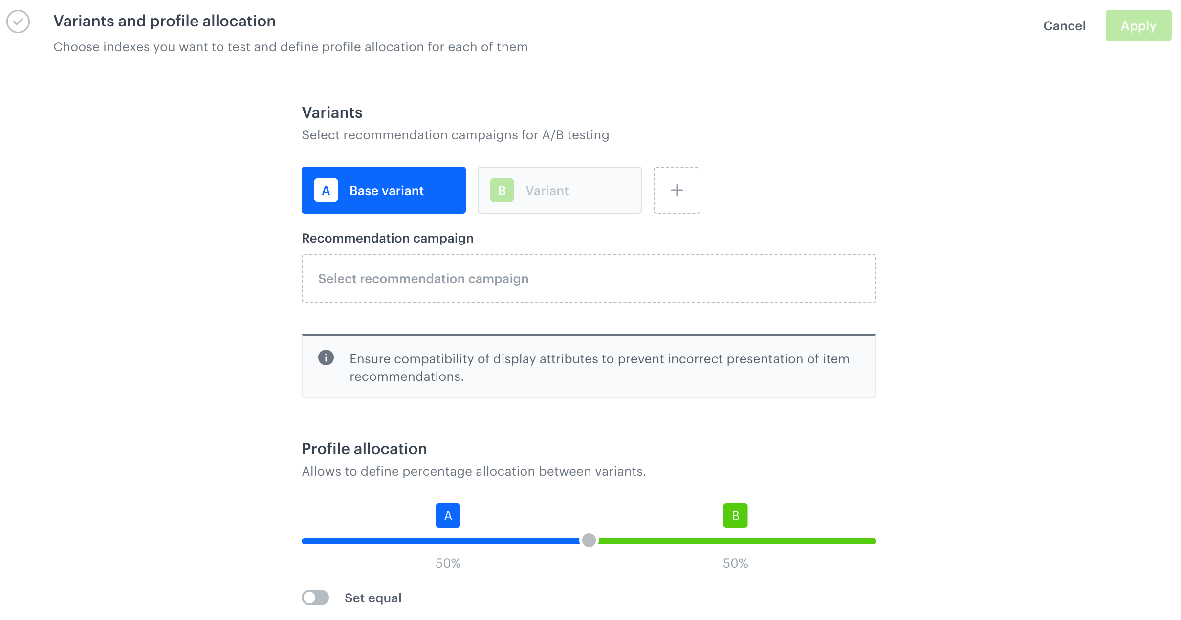 A blank configuration form for A/B/X recommendation test variants